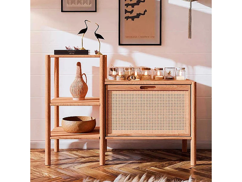 Esszimmerregal mit Klappe aus Wildbuche Massivholz Rattan