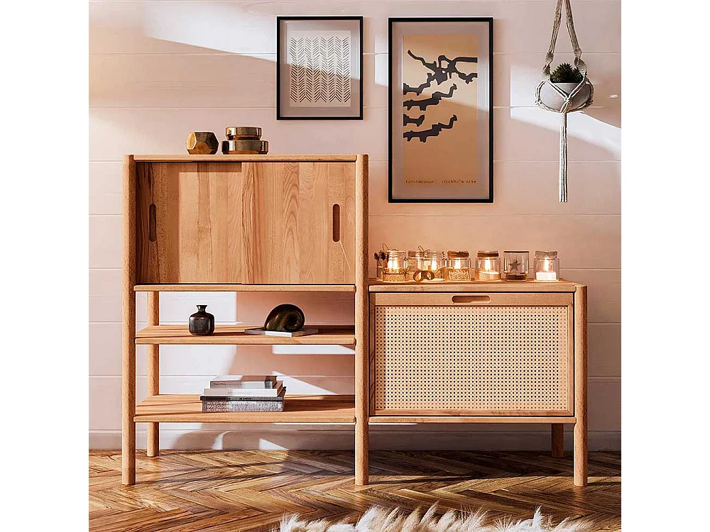 Esszimmerregal aus Wildbuche geölt und Rattan 106 cm hoch