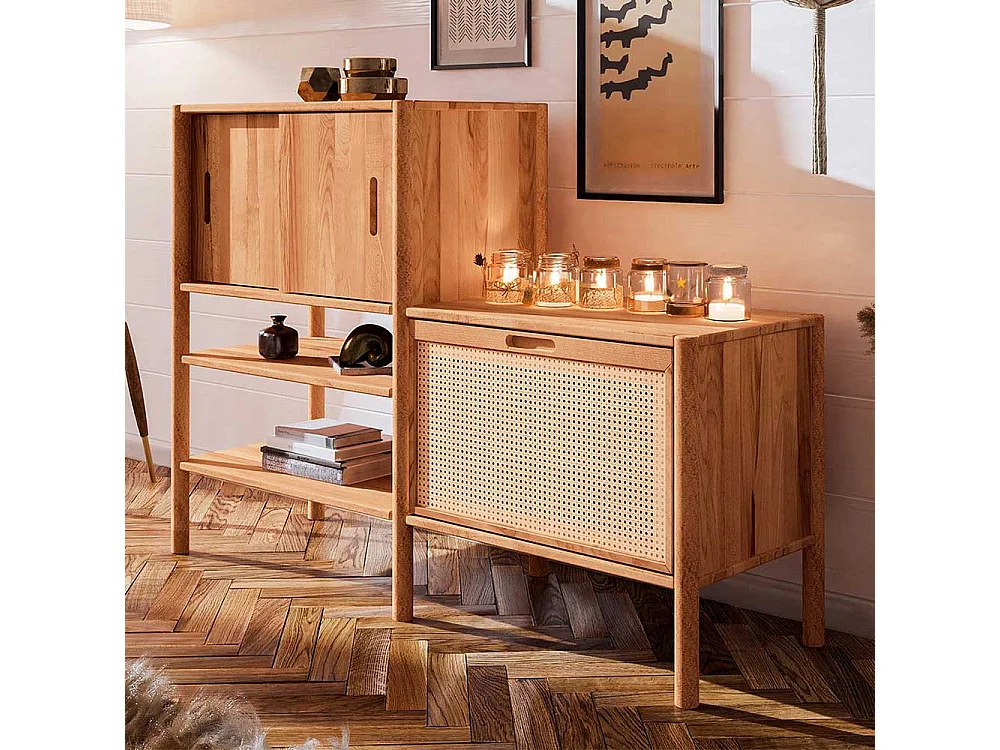 Esszimmerregal aus Wildbuche geölt und Rattan 106 cm hoch