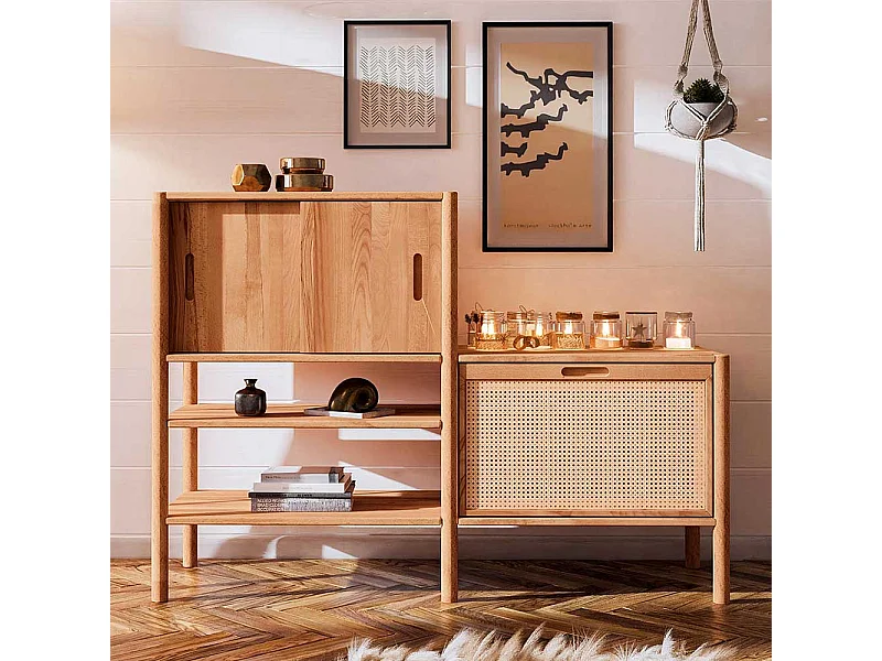 Esszimmerregal aus Wildbuche geölt und Rattan 106 cm hoch