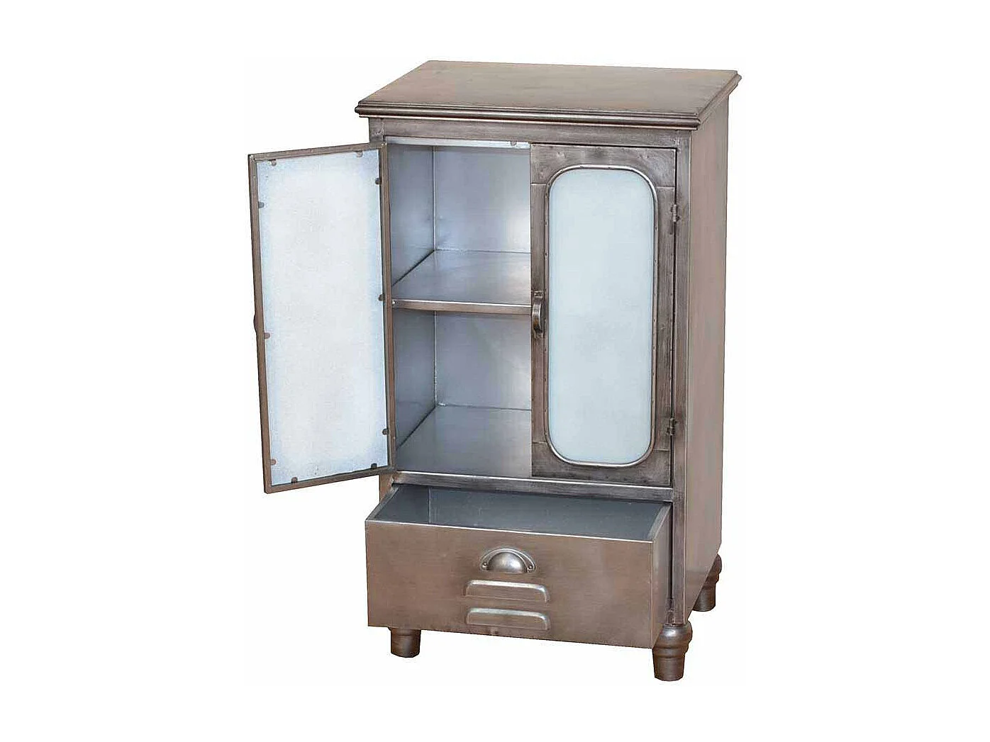 Kleiner Schrank aus Metall Milchglas Türen