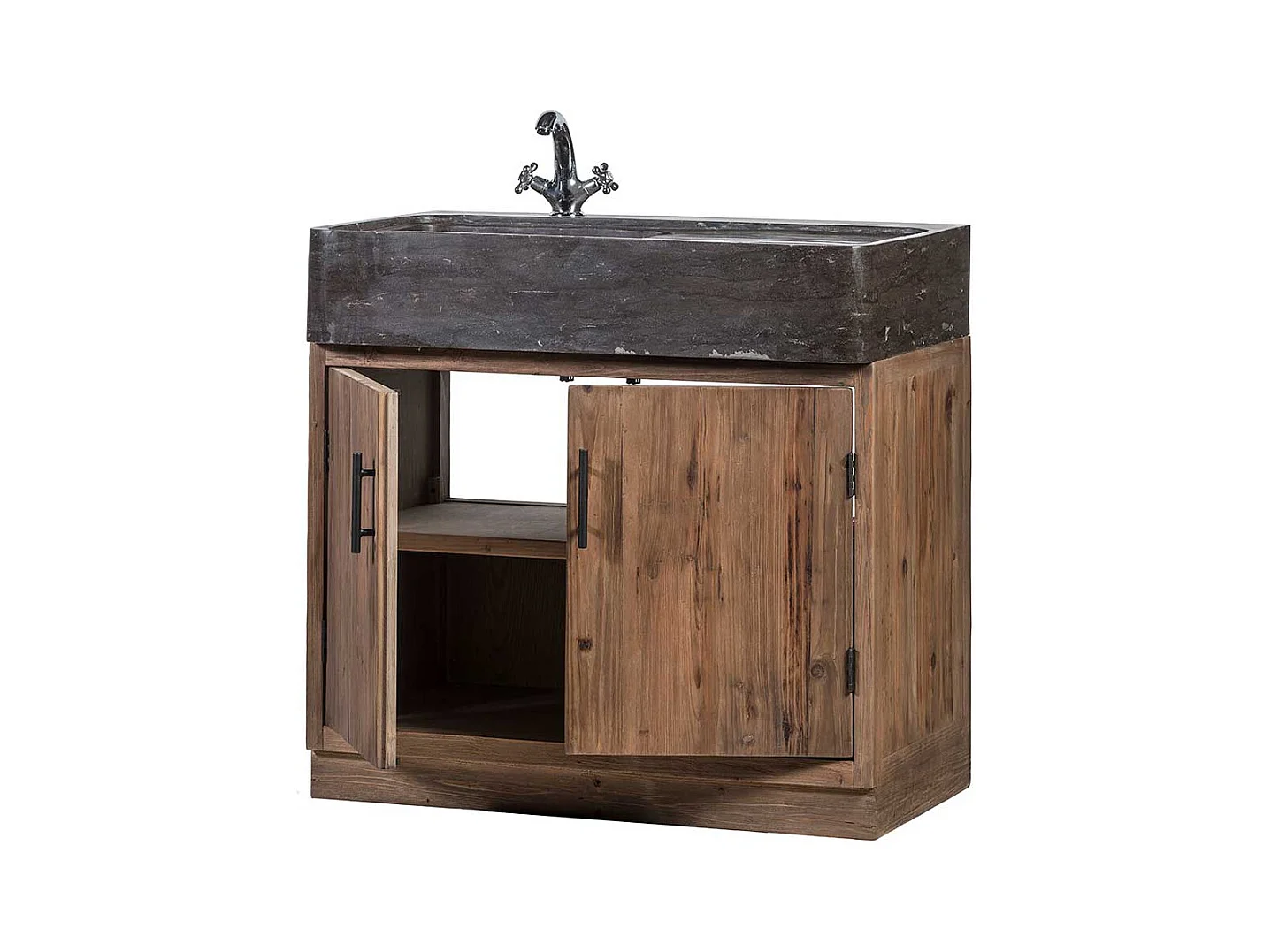 Küchenschrank aus Stein und Massivholz inklusive Aufsatzwaschbecken