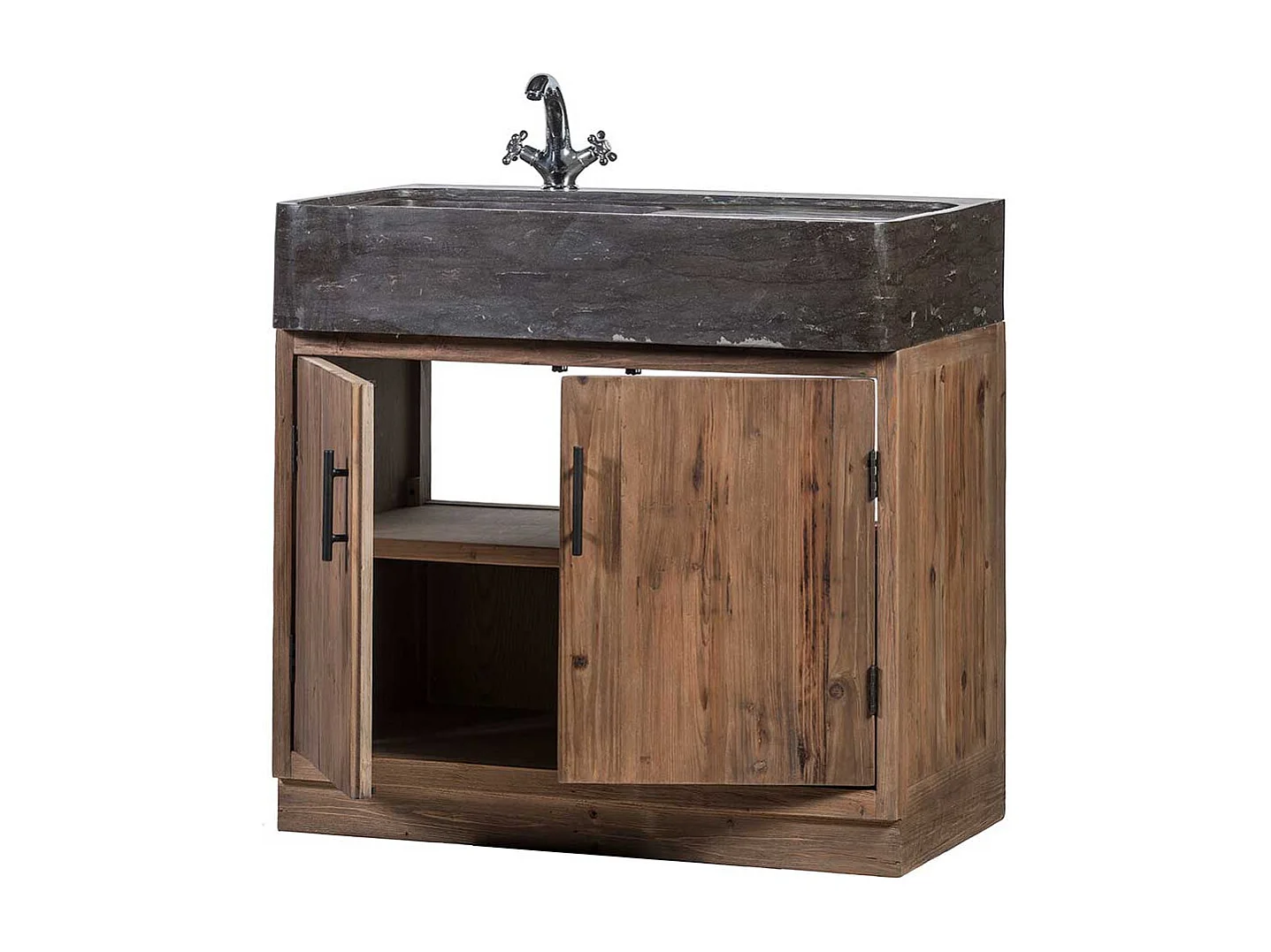 Küchenschrank aus Stein und Massivholz inklusive Aufsatzwaschbecken