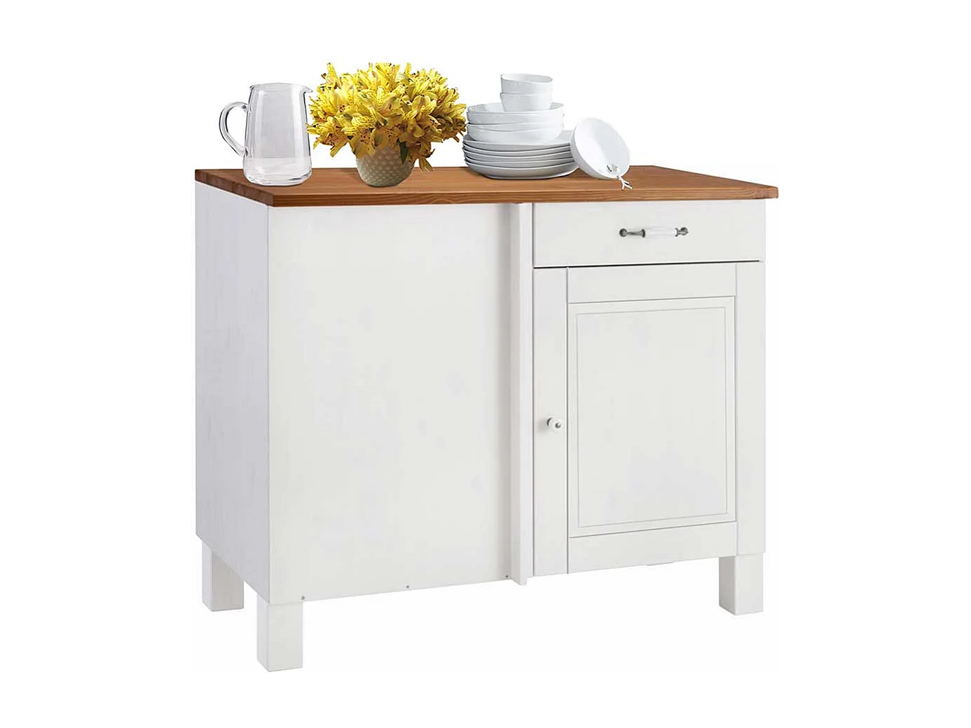 Unterschrank in Weiß und Honigfarben Kiefer Massivholz