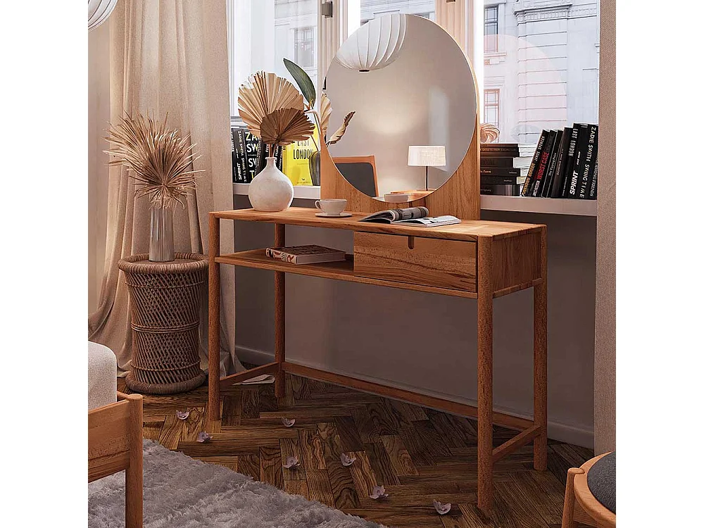 Schminkkonsole mit Spiegel aus Wildbuche Massivholz 120 cm breit (zweiteilig)