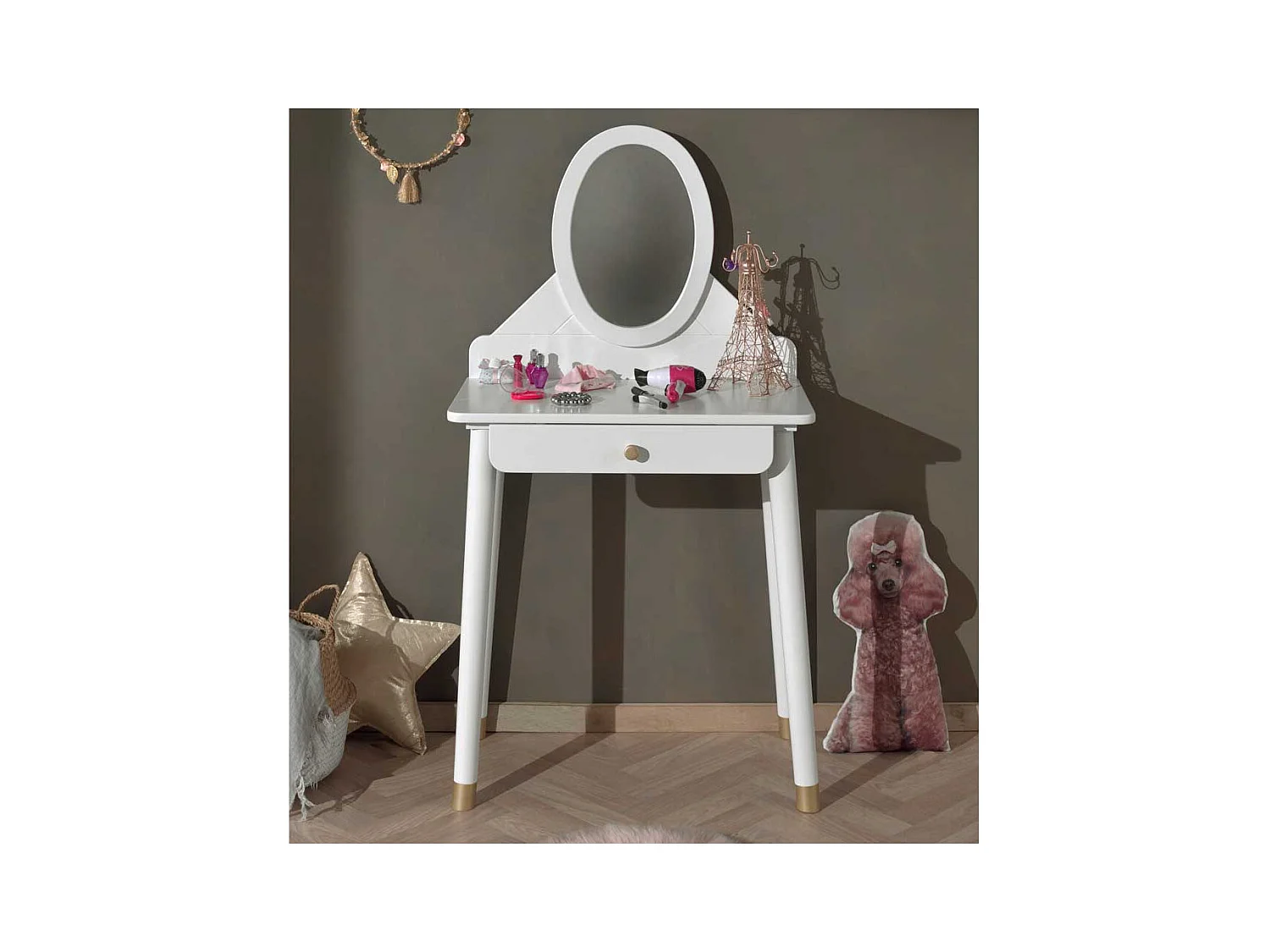 Kinder Spiegelkommode in Weiß Goldfarben