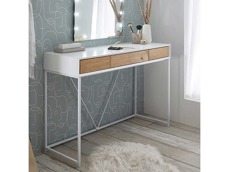 Schminktisch in Weiß und Eichefarben 110 cm breit mit drei Schubladen