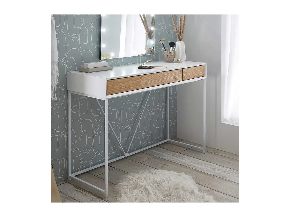 Schminktisch in Weiß und Eichefarben 110 cm breit mit drei Schubladen