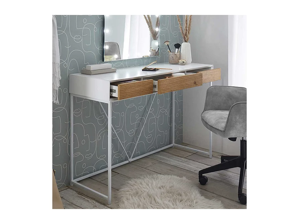 Schminktisch in Weiß und Eichefarben 110 cm breit mit drei Schubladen