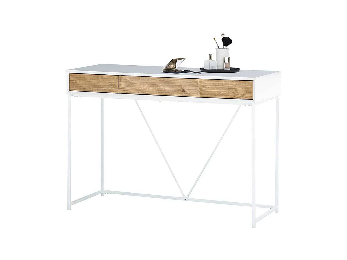 Schminktisch in Weiß und Eichefarben 110 cm breit mit drei Schubladen