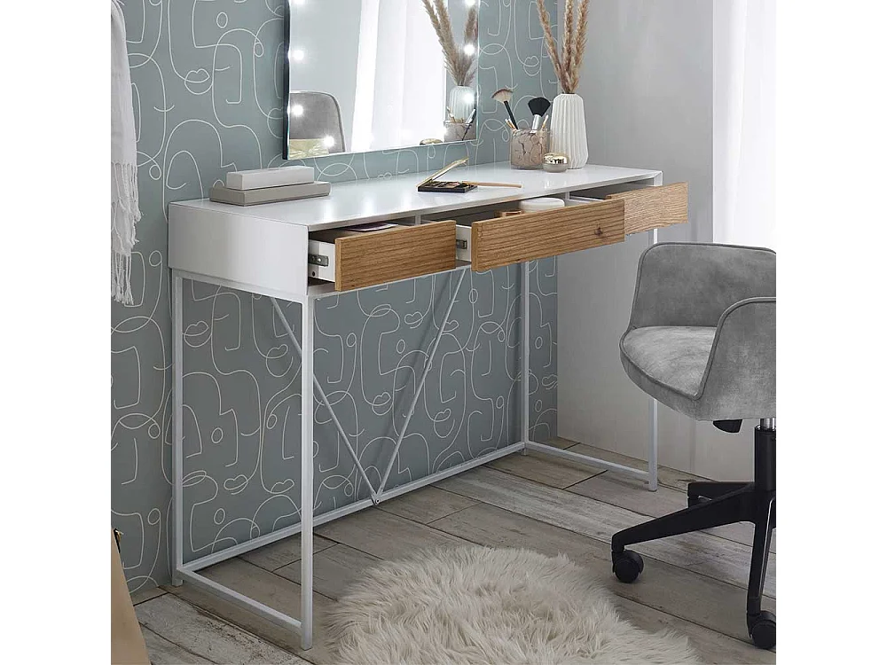 Schminktisch in Weiß und Eichefarben 110 cm breit mit drei Schubladen