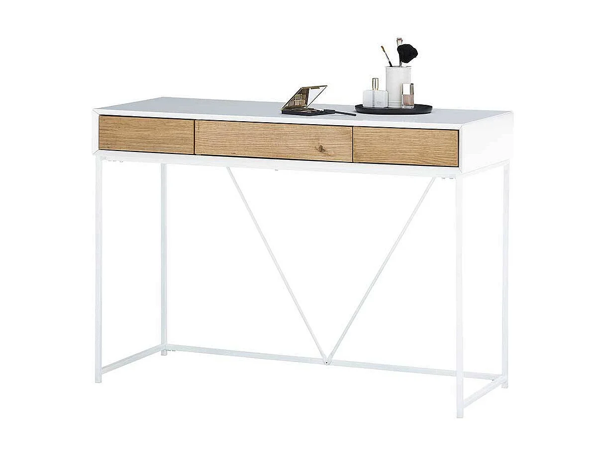 Schminktisch in Weiß und Eichefarben 110 cm breit mit drei Schubladen