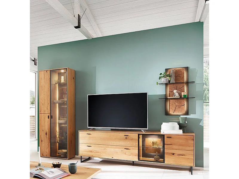 Wohnwand Anbauwand mit Hirnholz Applikation in Wildeichefarben (dreiteilig)