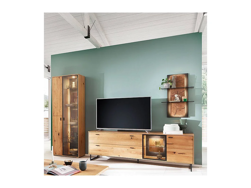 Wohnwand Anbauwand mit Hirnholz Applikation in Wildeichefarben (dreiteilig)