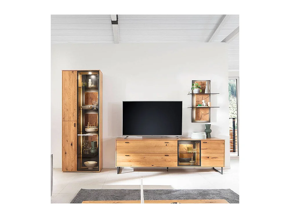 Wohnwand Anbauwand mit Hirnholz Applikation in Wildeichefarben (dreiteilig)