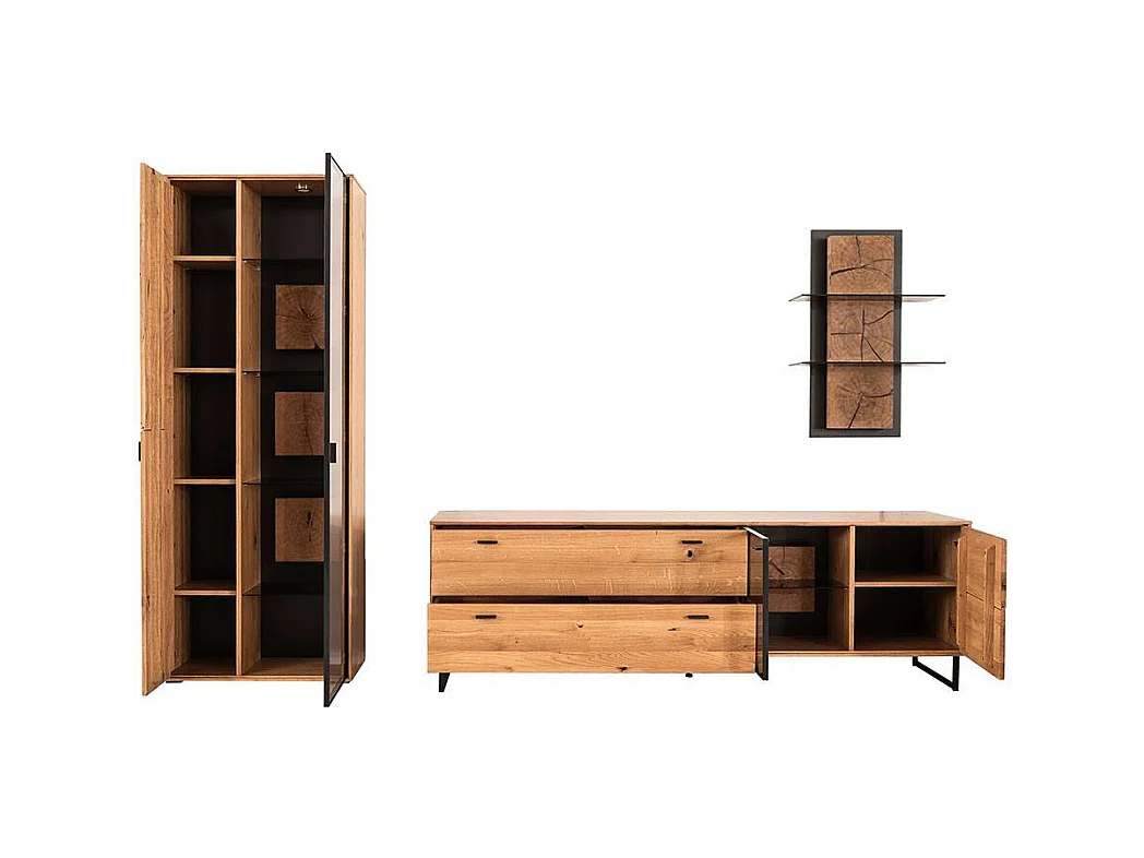 Wohnwand Anbauwand mit Hirnholz Applikation in Wildeichefarben (dreiteilig)