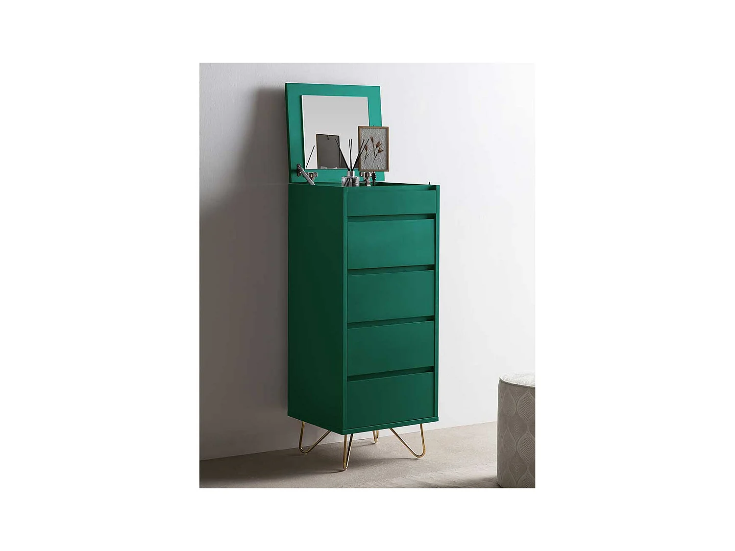 Schminkkonsole in Grün und Gold vier Schubladen