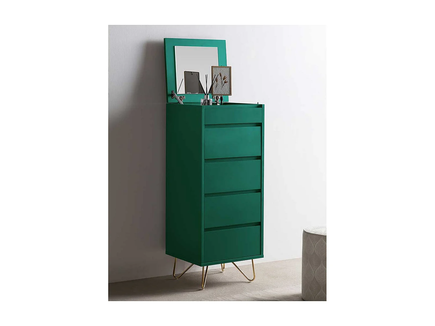 Schminkkonsole in Grün und Gold vier Schubladen