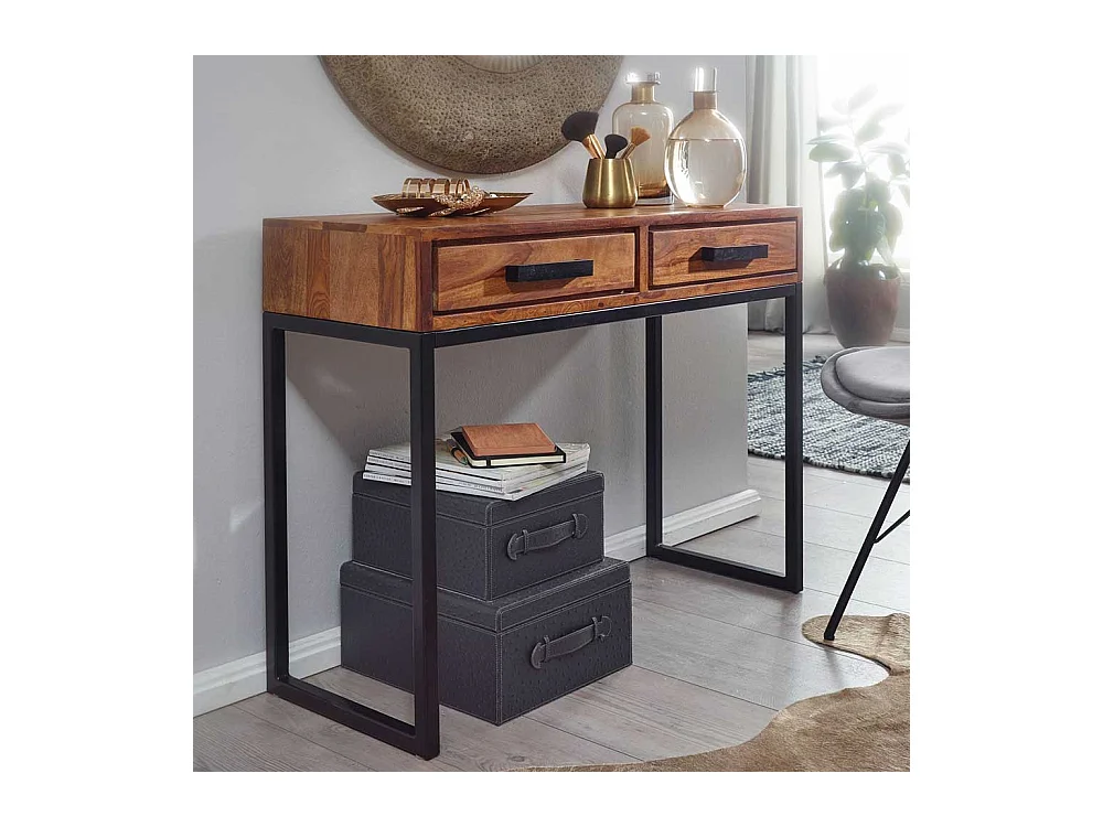 Schminkkonsole aus Sheesham Massivholz und Metall 90 cm breit