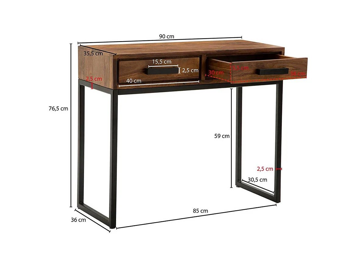 Schminkkonsole aus Sheesham Massivholz und Metall 90 cm breit