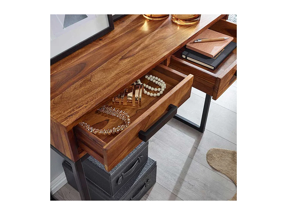 Schminkkonsole aus Sheesham Massivholz und Metall 90 cm breit
