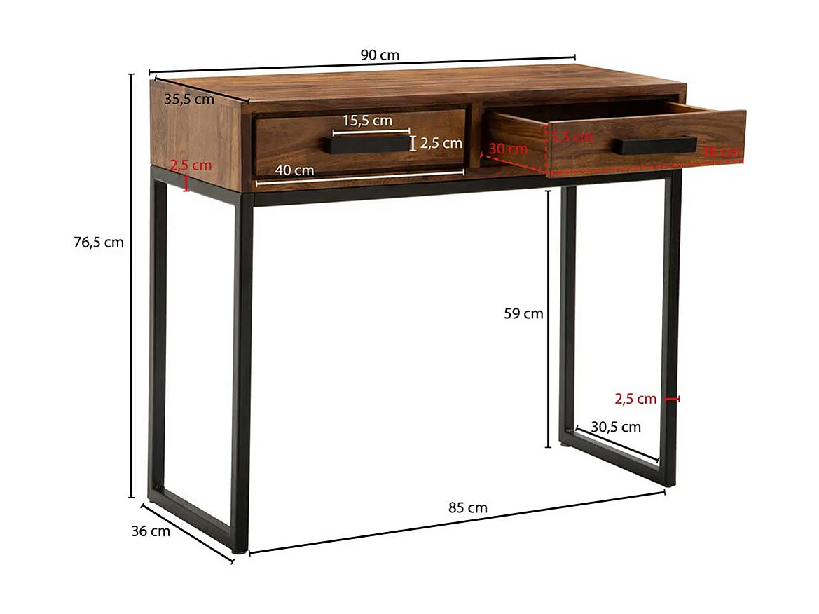 Schminkkonsole aus Sheesham Massivholz und Metall 90 cm breit