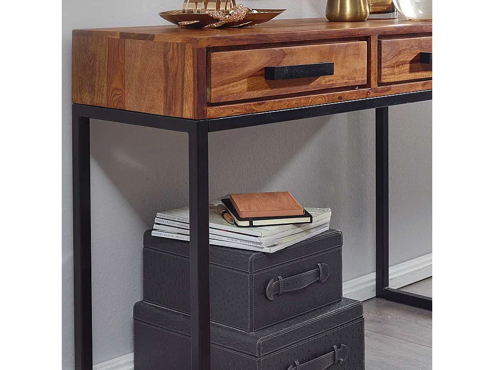 Schminkkonsole aus Sheesham Massivholz und Metall 90 cm breit