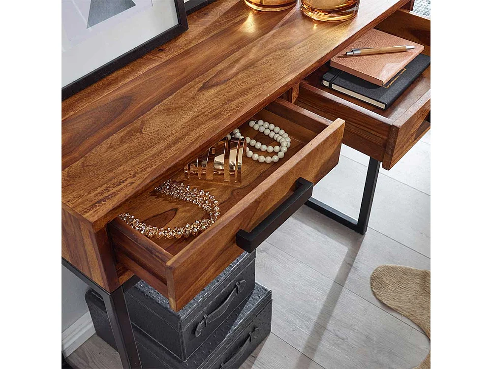 Schminkkonsole aus Sheesham Massivholz und Metall 90 cm breit