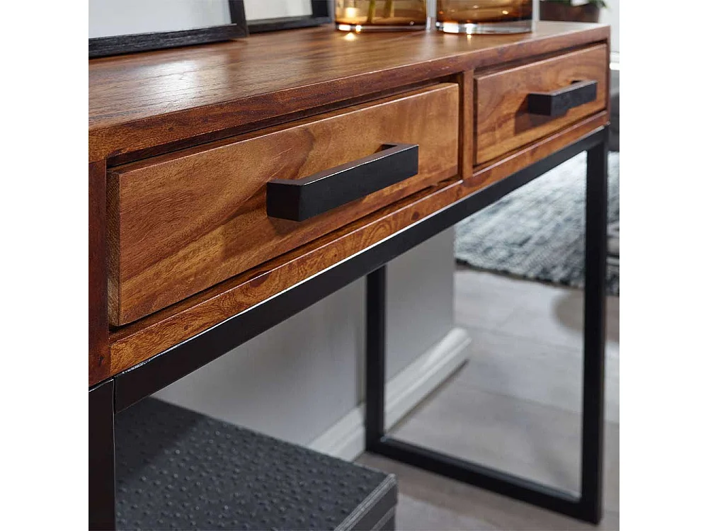 Schminkkonsole aus Sheesham Massivholz und Metall 90 cm breit