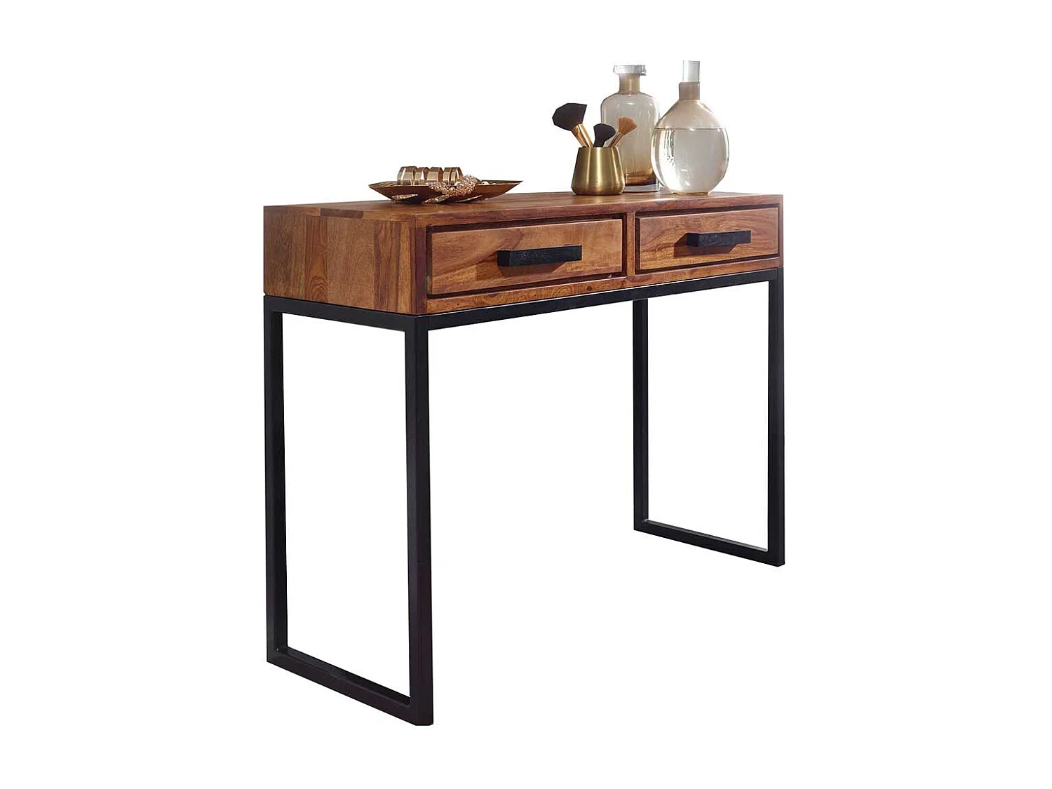 Schminkkonsole aus Sheesham Massivholz und Metall 90 cm breit