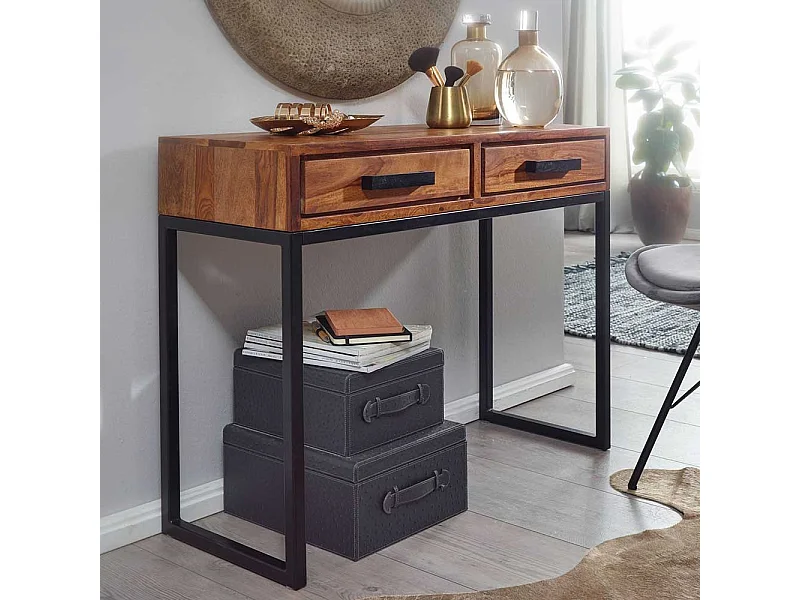 Schminkkonsole aus Sheesham Massivholz und Metall 90 cm breit