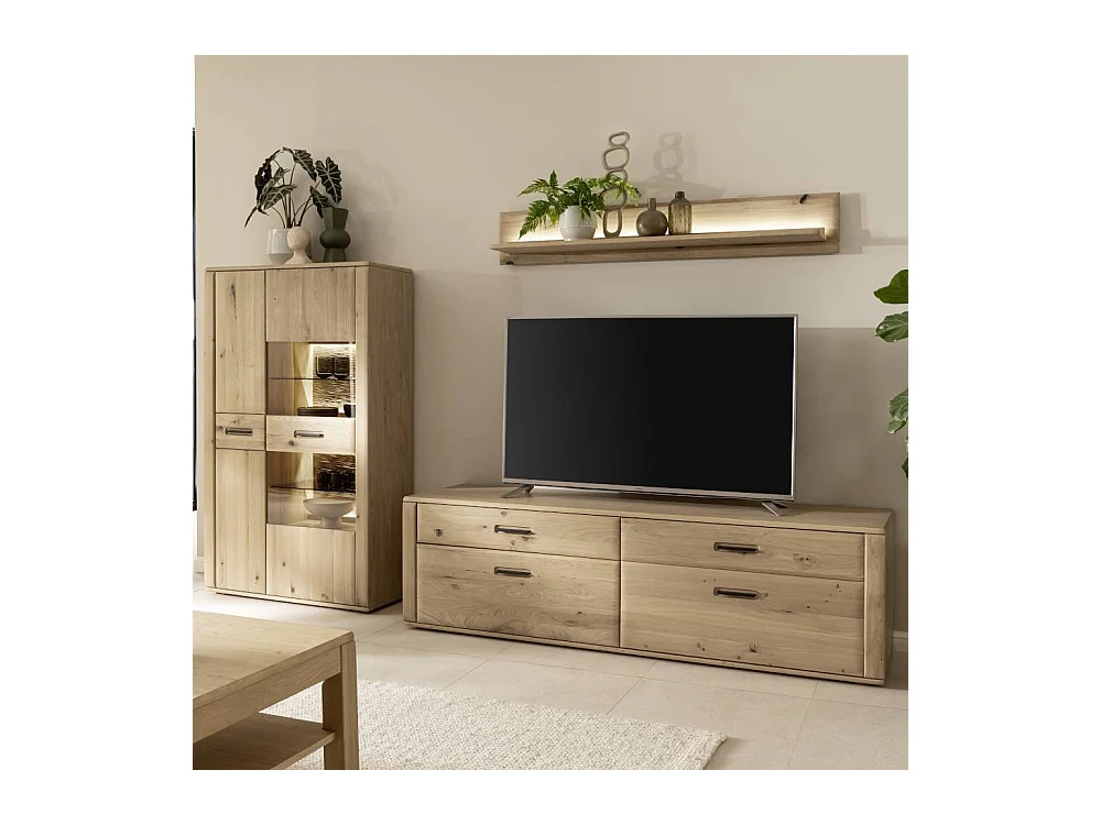 Wohnwand TV Wand mit LED Beleuchtung in Asteiche hell (dreiteilig)