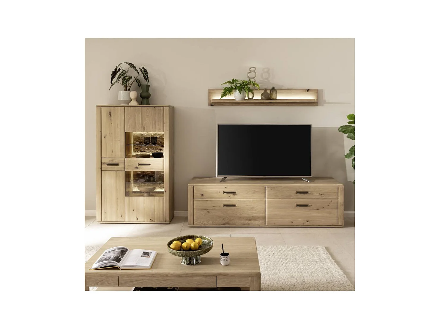 Wohnwand TV Wand mit LED Beleuchtung in Asteiche hell (dreiteilig)