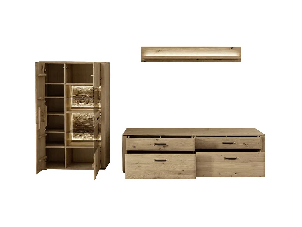 Wohnwand TV Wand mit LED Beleuchtung in Asteiche hell (dreiteilig)