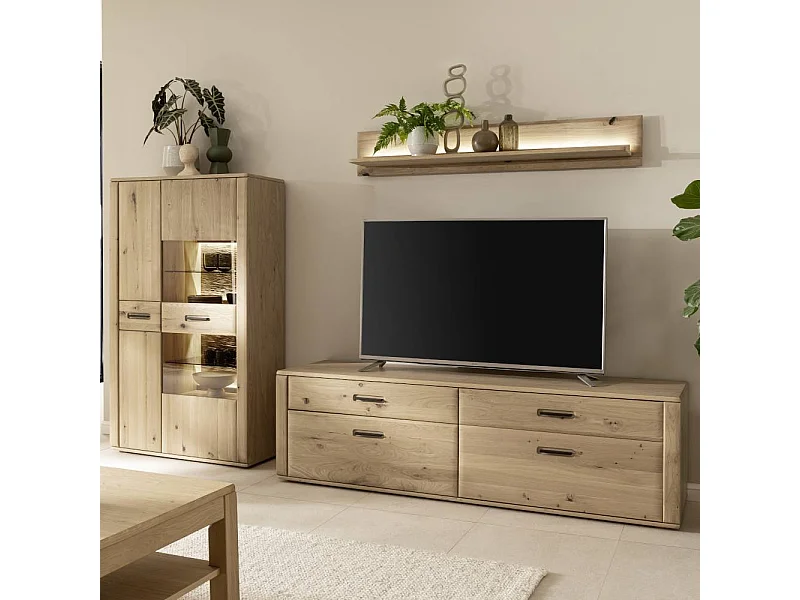 Wohnwand TV Wand mit LED Beleuchtung in Asteiche hell (dreiteilig)