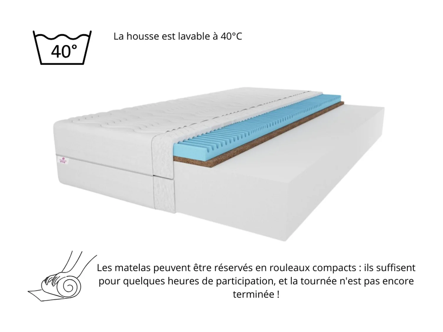 Matelas en mousse Twist, coco, 80 x 200 cm, hauteur env. 15 cm, H3/H4, blanc
