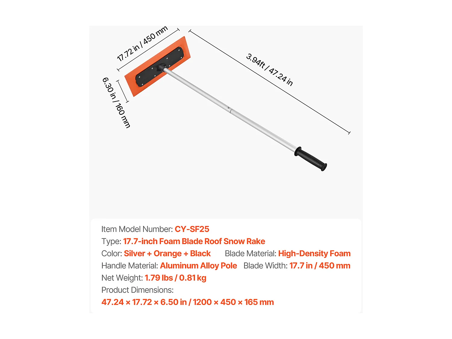 Râteau à Neige SucceBuy de Toit, 45 cm, Râteau de Déneigement de Longueur 1,2 m, avec Grattoir en Mousse, Poignée Antidérapante, Rangement Compact