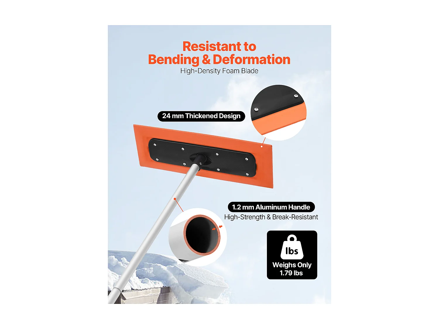 Râteau à Neige SucceBuy de Toit, 45 cm, Râteau de Déneigement de Longueur 1,2 m, avec Grattoir en Mousse, Poignée Antidérapante, Rangement Compact