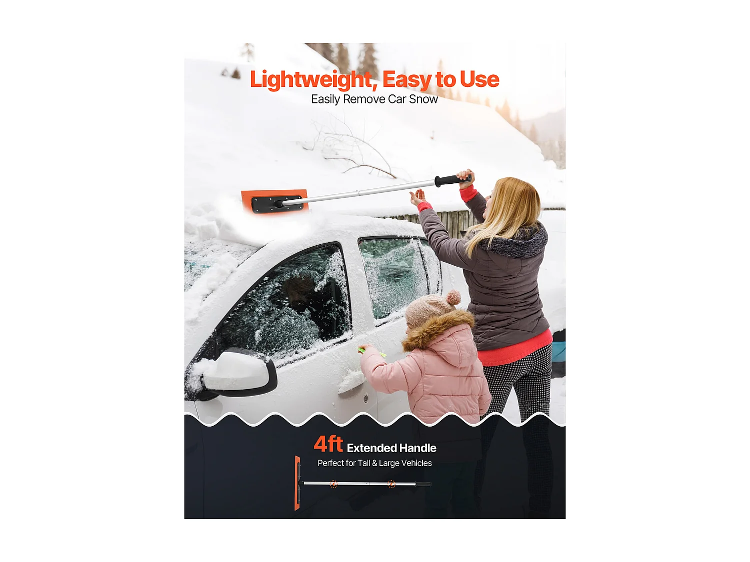 Râteau à Neige SucceBuy de Toit, 45 cm, Râteau de Déneigement de Longueur 1,2 m, avec Grattoir en Mousse, Poignée Antidérapante, Rangement Compact