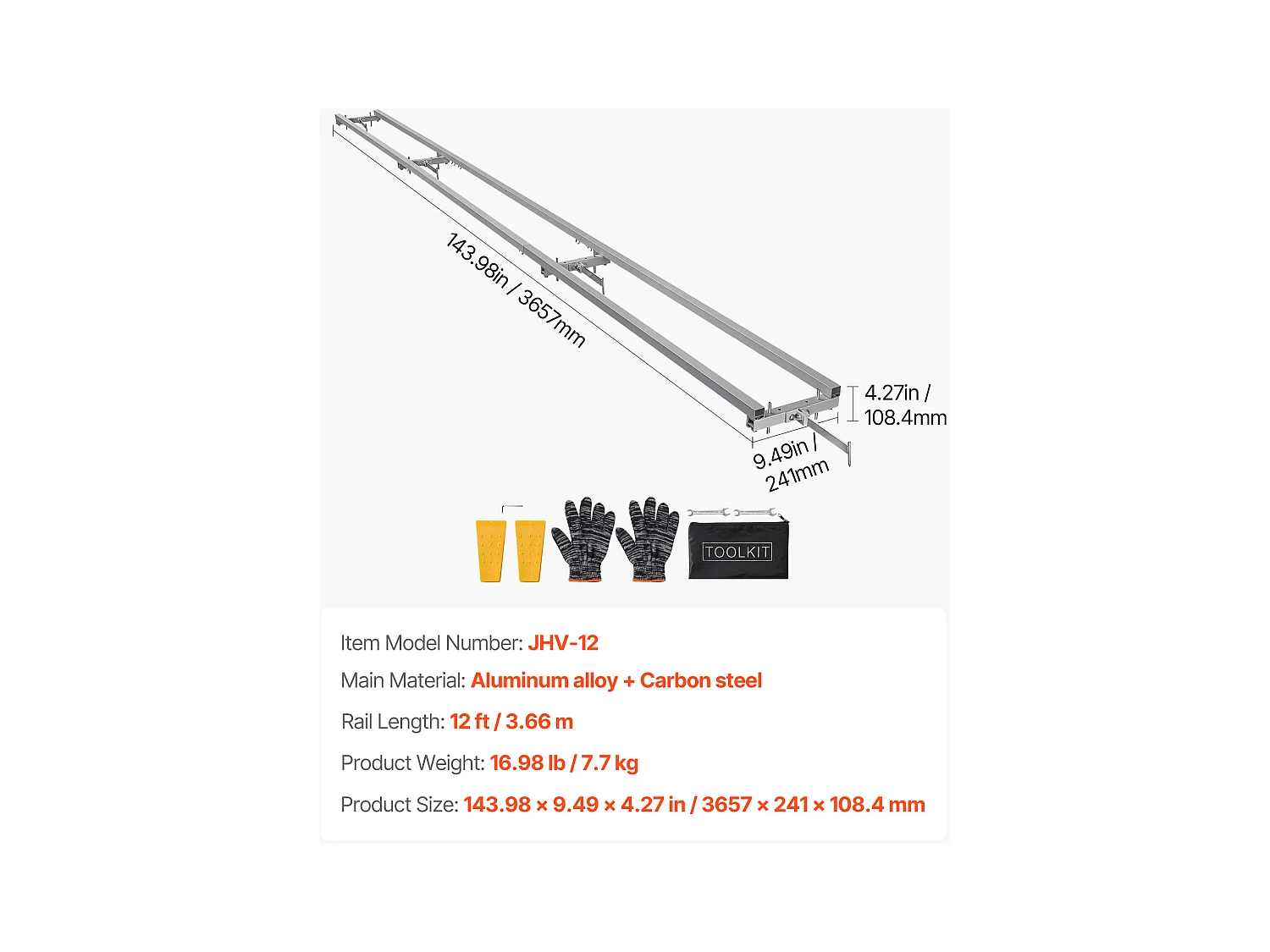 Führungsschiene SucceBuy für Mobile Tragbare Sägewerk, Schnittreichweite 3,66 m, Aluminium Schienenführung Verstellbar für Kettensäge, mit 4 Querstangen