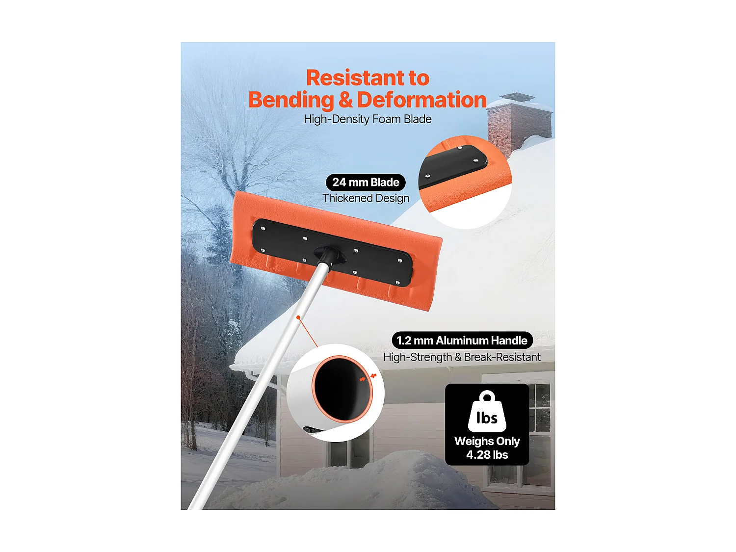 Rastrello per Neve SucceBuy da Tetto, 45 cm, Rastrello per Spazzaneve Regolabile 2,25-5,62 m, con Raschietto, Maniglia Antiscivolo, Conservazione Compatta