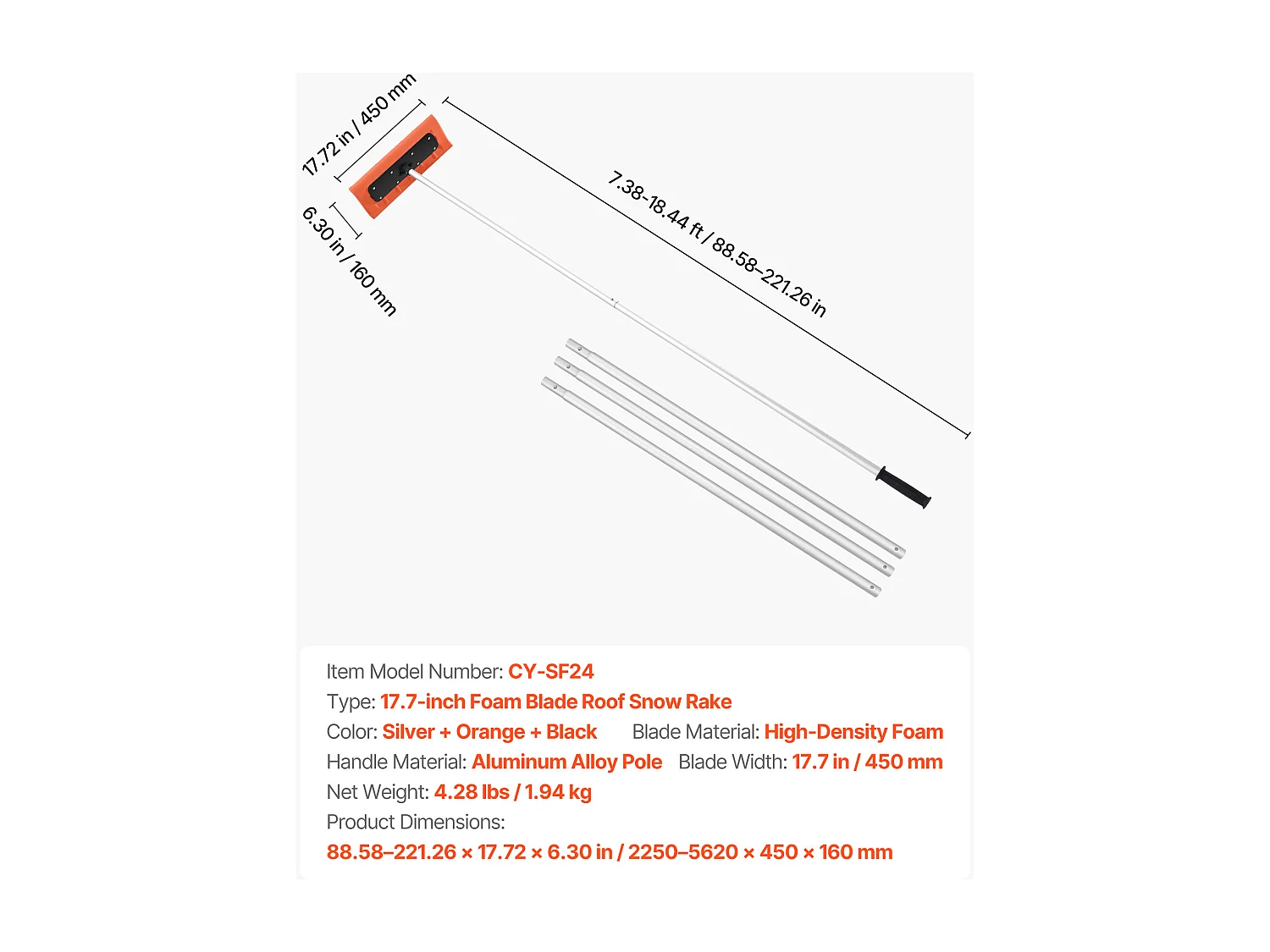 Râteau à Neige SucceBuy de Toit, 45 cm, Râteau de Déneigement Réglable 2,25-5,62 m, avec Grattoir en Mousse, Poignée Antidérapante, Rangement Compact