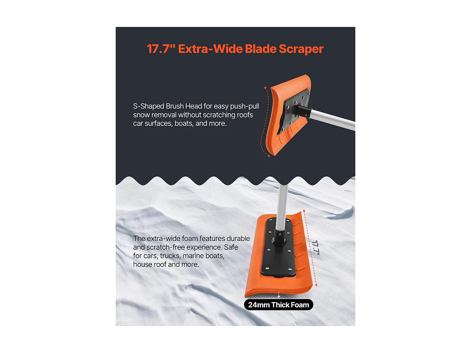 Râteau à Neige SucceBuy de Toit, 45 cm, Râteau de Déneigement Réglable 2,25-5,62 m, avec Grattoir en Mousse, Poignée Antidérapante, Rangement Compact