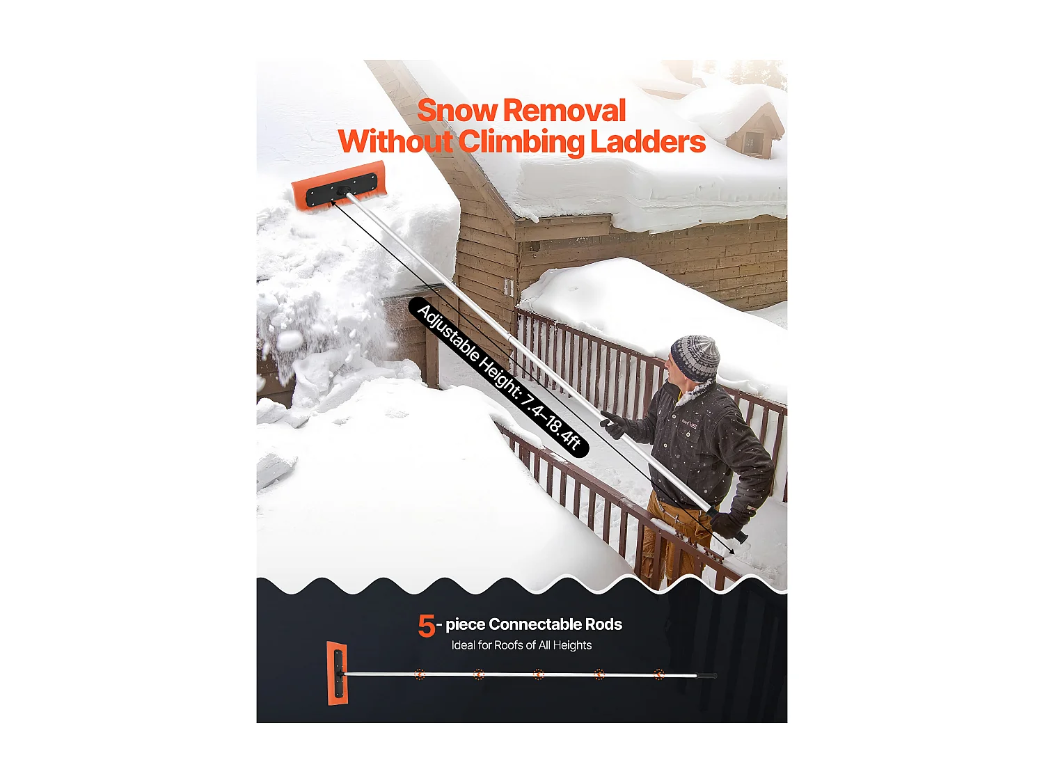 Râteau à Neige SucceBuy de Toit, 45 cm, Râteau de Déneigement Réglable 2,25-5,62 m, avec Grattoir en Mousse, Poignée Antidérapante, Rangement Compact
