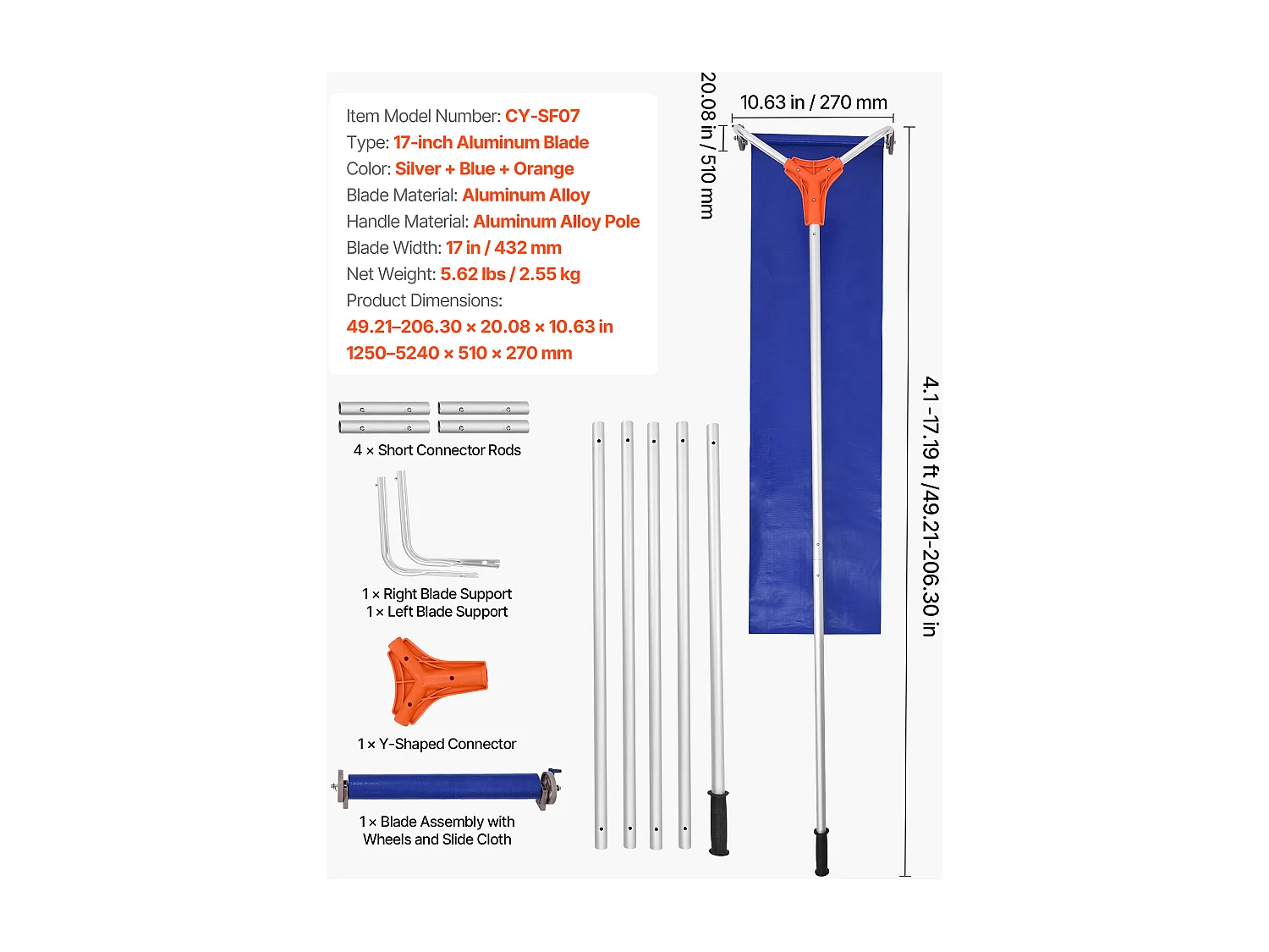 Râteau à Neige SucceBuy de Toit, 43 cm, Râteau de Déneigement Réglable 1,25-5,24 m, avec Lame en Aluminium, Roues Inférieures, Poignée Antidérapante