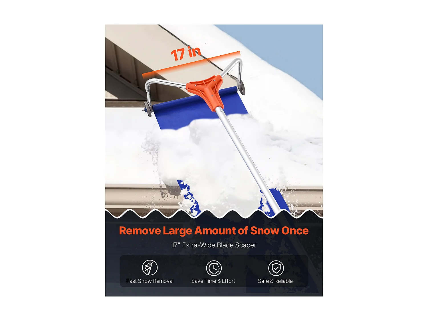 Râteau à Neige SucceBuy de Toit, 43 cm, Râteau de Déneigement Réglable 1,25-5,24 m, avec Lame en Aluminium, Roues Inférieures, Poignée Antidérapante