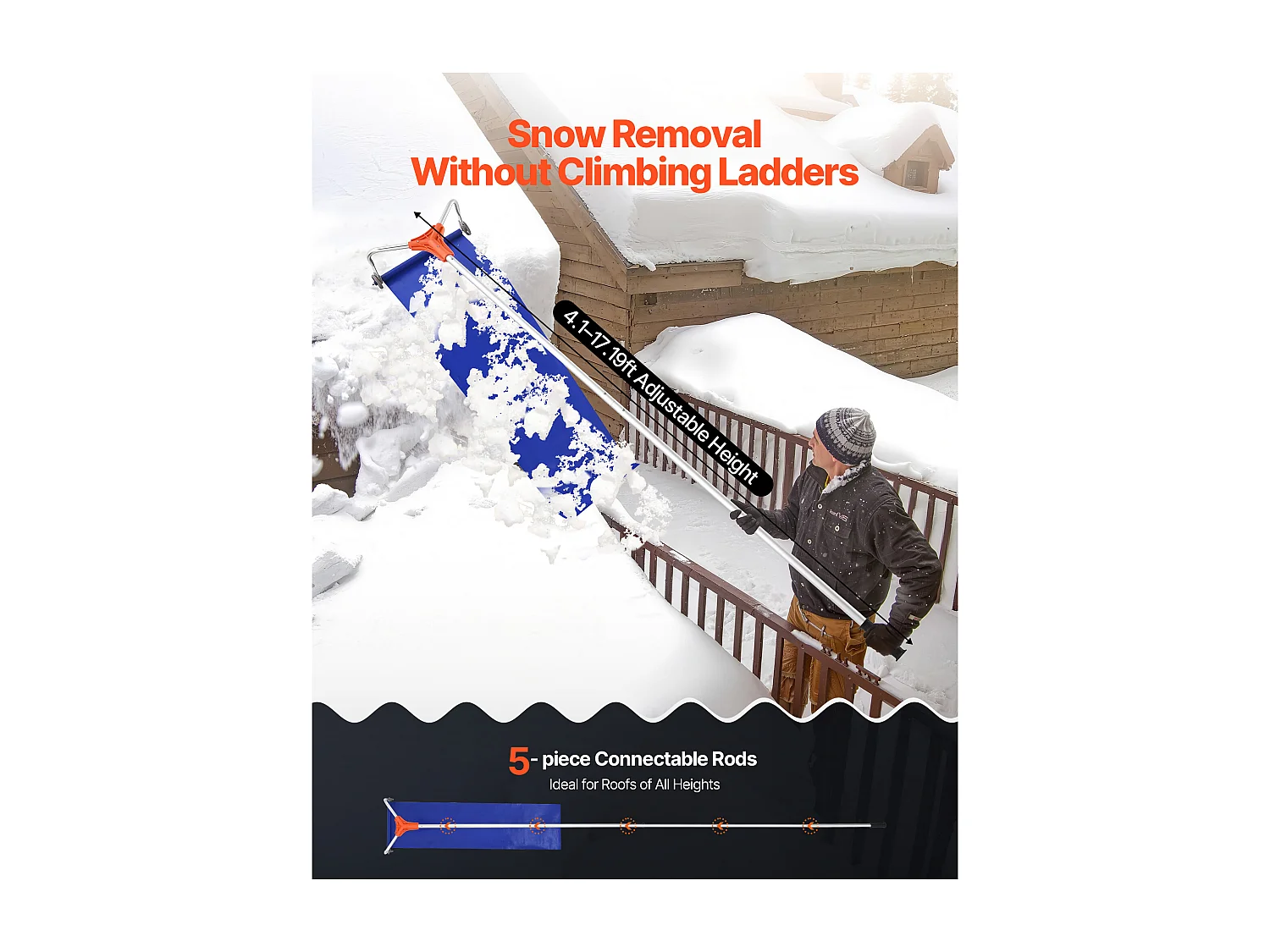 Râteau à Neige SucceBuy de Toit, 43 cm, Râteau de Déneigement Réglable 1,25-5,24 m, avec Lame en Aluminium, Roues Inférieures, Poignée Antidérapante