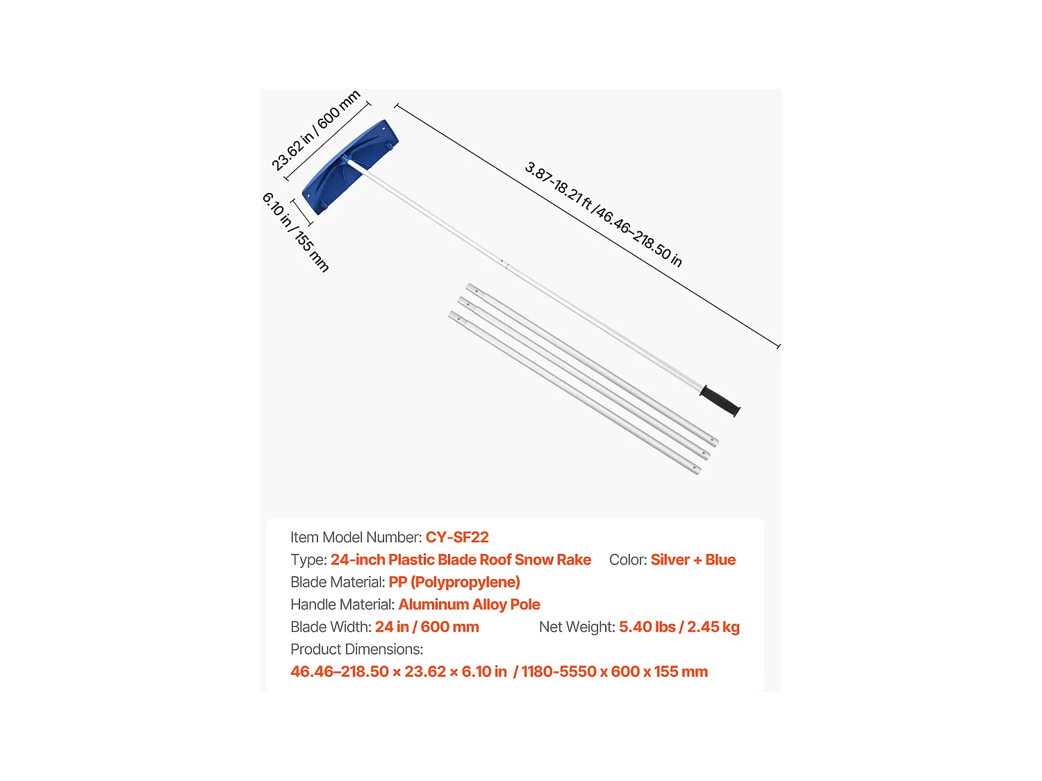 Rastrello per Neve SucceBuy da Tetto, 60 cm, Rastrello per Spazzaneve Regolabile 1,18-5,5 m, con Raschietto in Plastica PP, Ruote Inferiori, Maniglia Antiscivolo