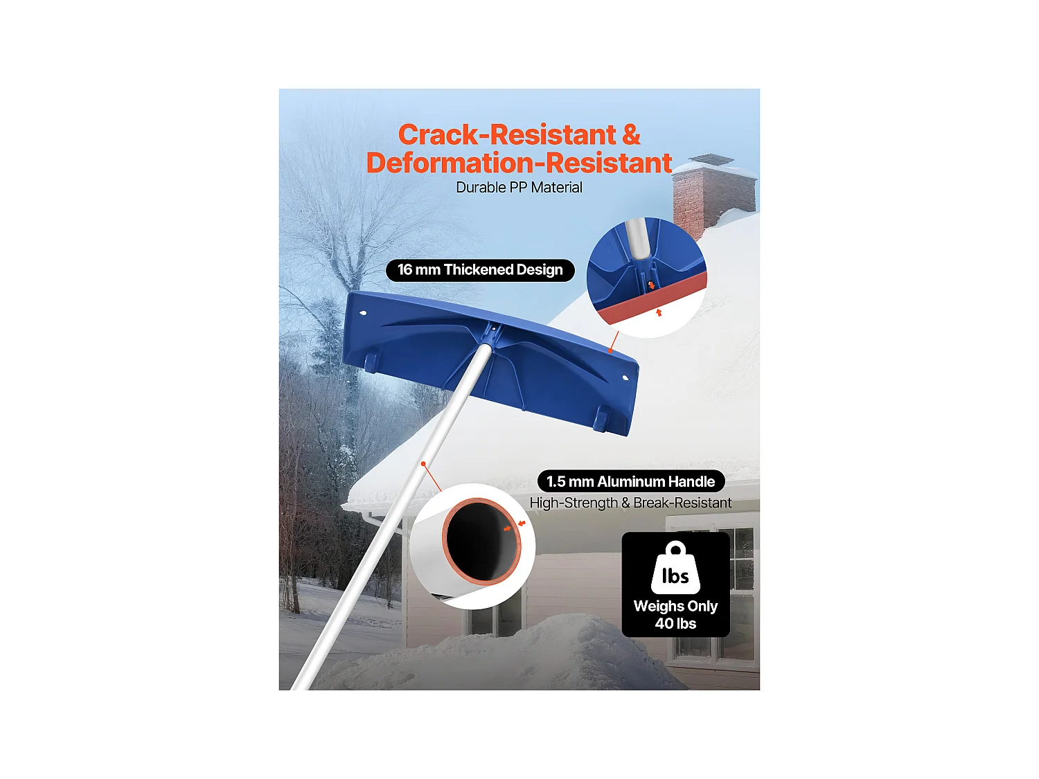 Rastrello per Neve SucceBuy da Tetto, 60 cm, Rastrello per Spazzaneve Regolabile 1,18-5,5 m, con Raschietto in Plastica PP, Ruote Inferiori, Maniglia Antiscivolo