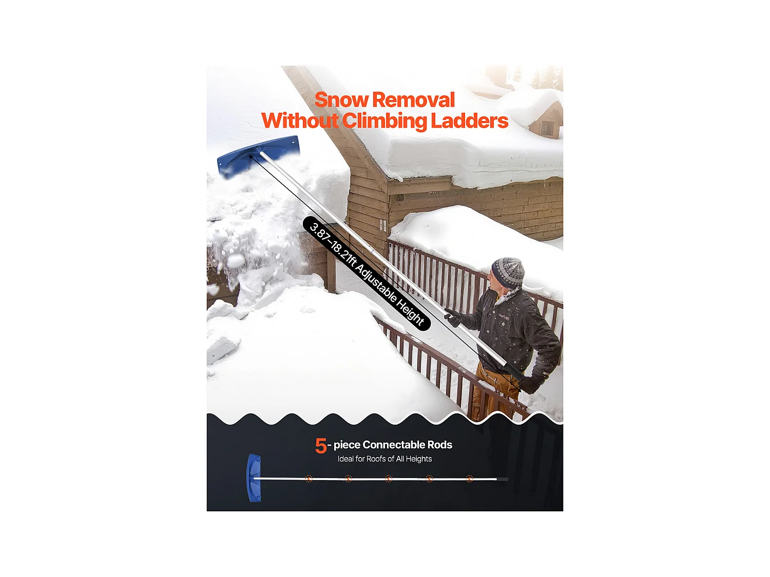Rastrello per Neve SucceBuy da Tetto, 60 cm, Rastrello per Spazzaneve Regolabile 1,18-5,5 m, con Raschietto in Plastica PP, Ruote Inferiori, Maniglia Antiscivolo